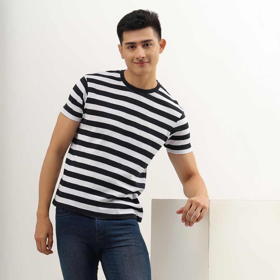 Men's Navy and White Round Neck Striped T-Shirt, Navy Blue, large image number null