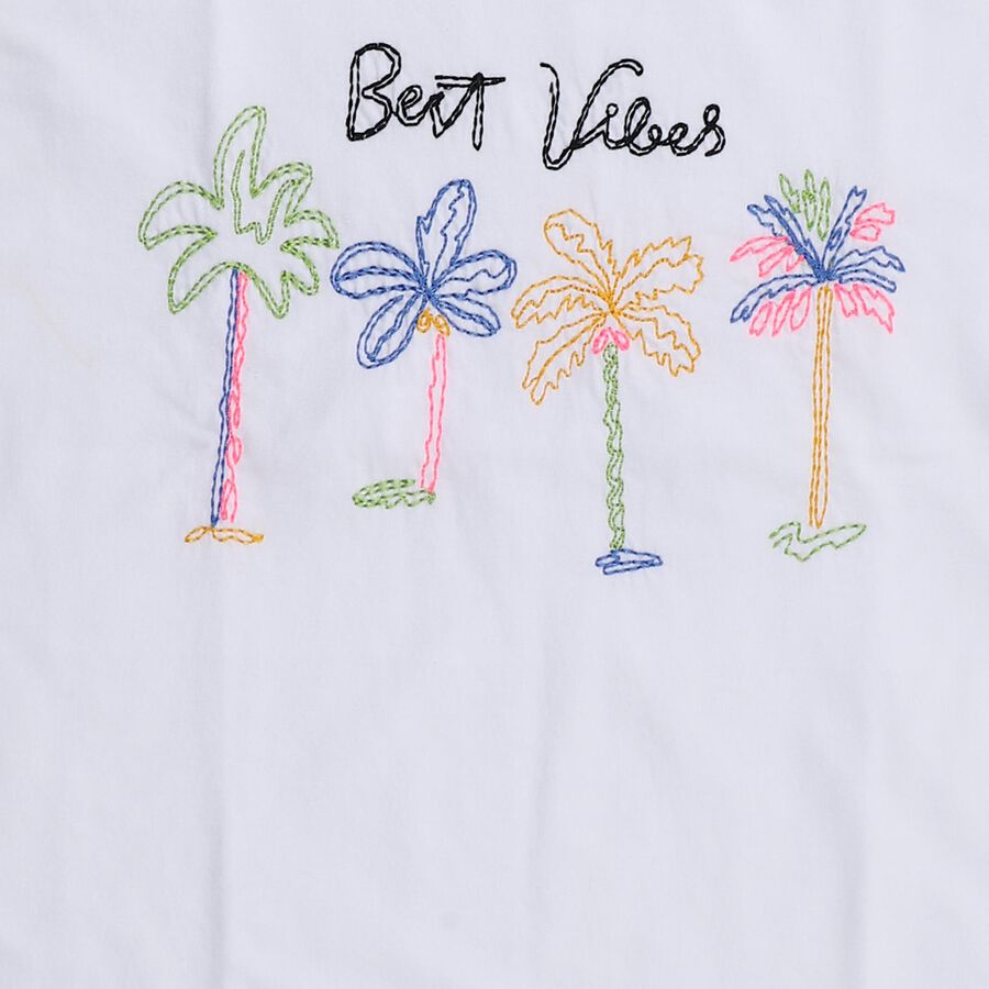 Girls' White Cotton Round Neck Embroidered T-Shirt, सफ़ेद, large