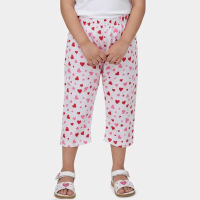 Girls' White Regular Fit Heart Printed Capri