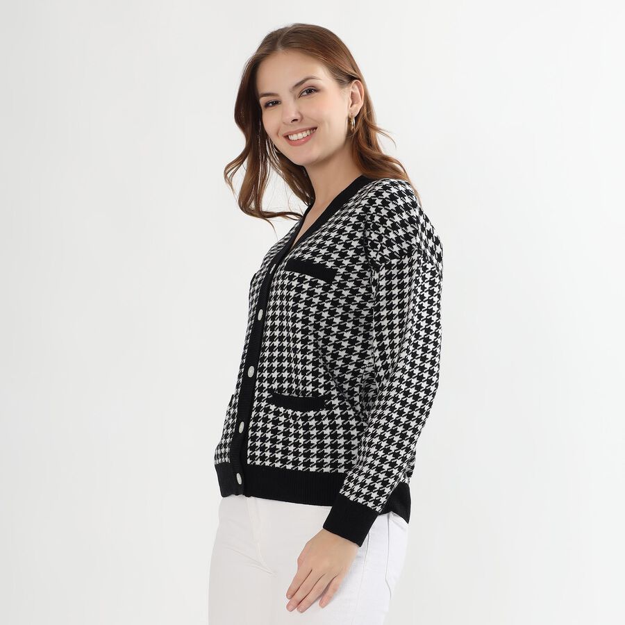 Women's Black and White V-Neck Classic Cardigan, Black, large image number null