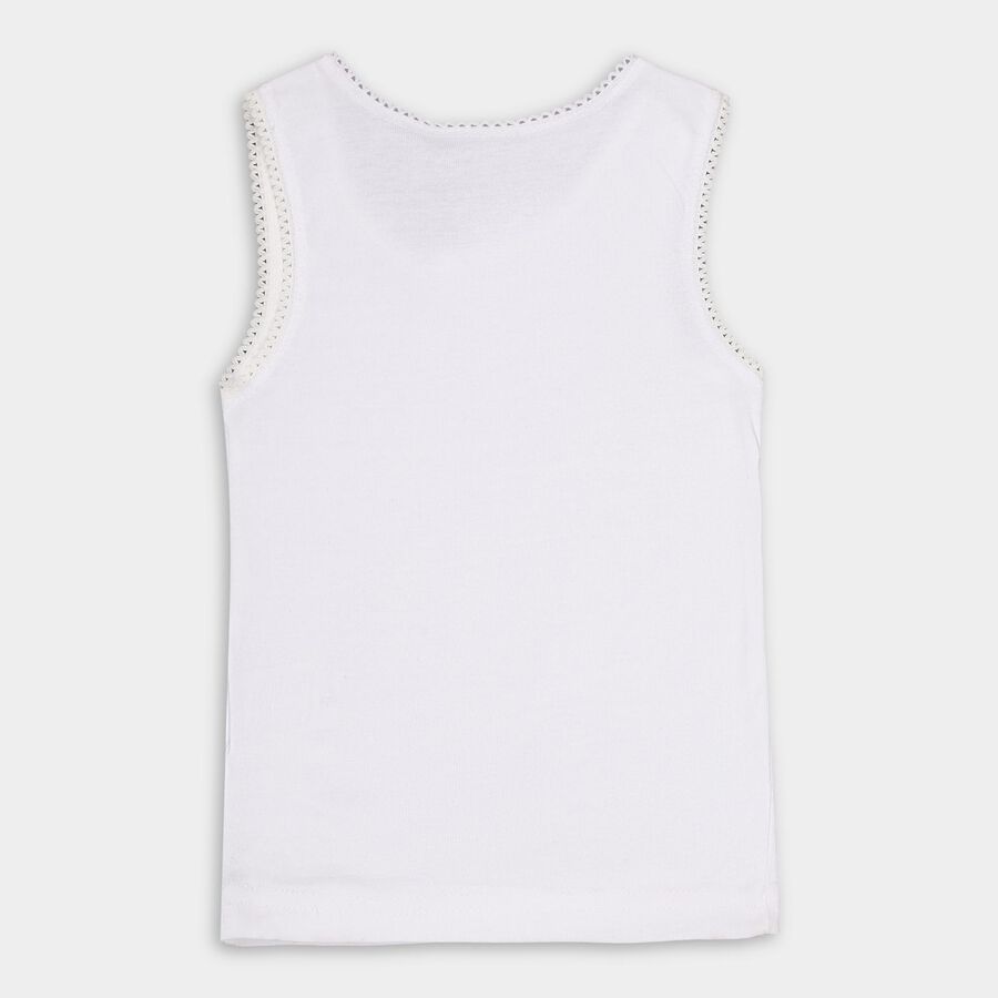 Girls Bright White Cotton Round Neck Sleeveless Vest, White, large image number null