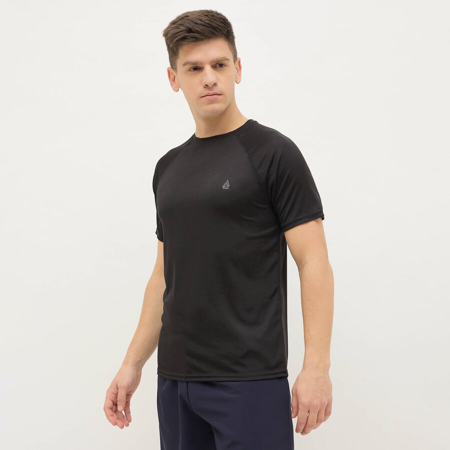 Men's Black Crew Neck Athleisure T-Shirt, काला, large