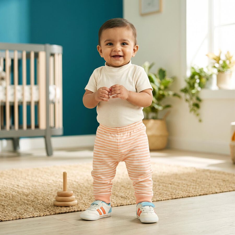 Infants' Peach Jogger Fit Striped Pyjama, पीच, large