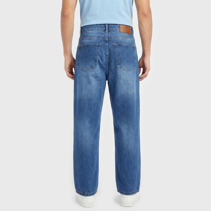 Men's Blue Straight Fit Washed Jeans, Dark Blue, large
