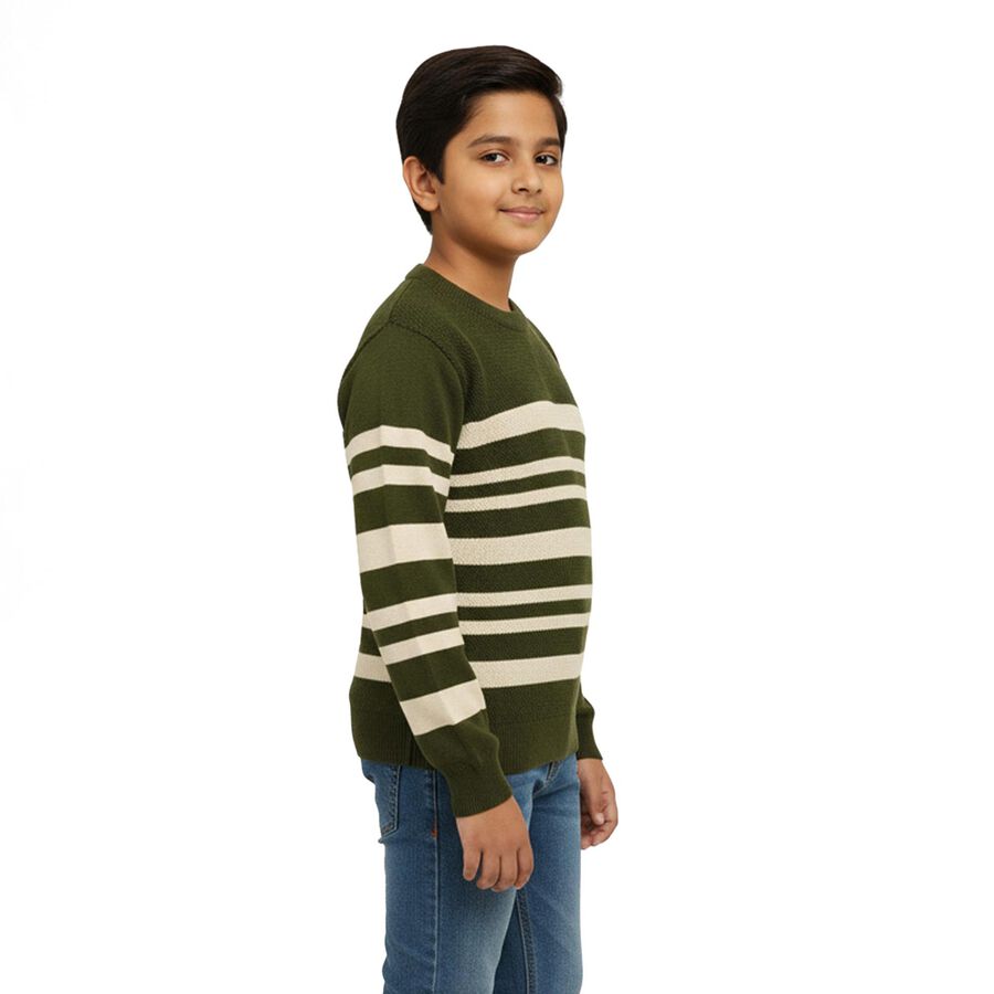 Boys Olive Green Crew Neck Striped Pullover, ओलिव, large image number null