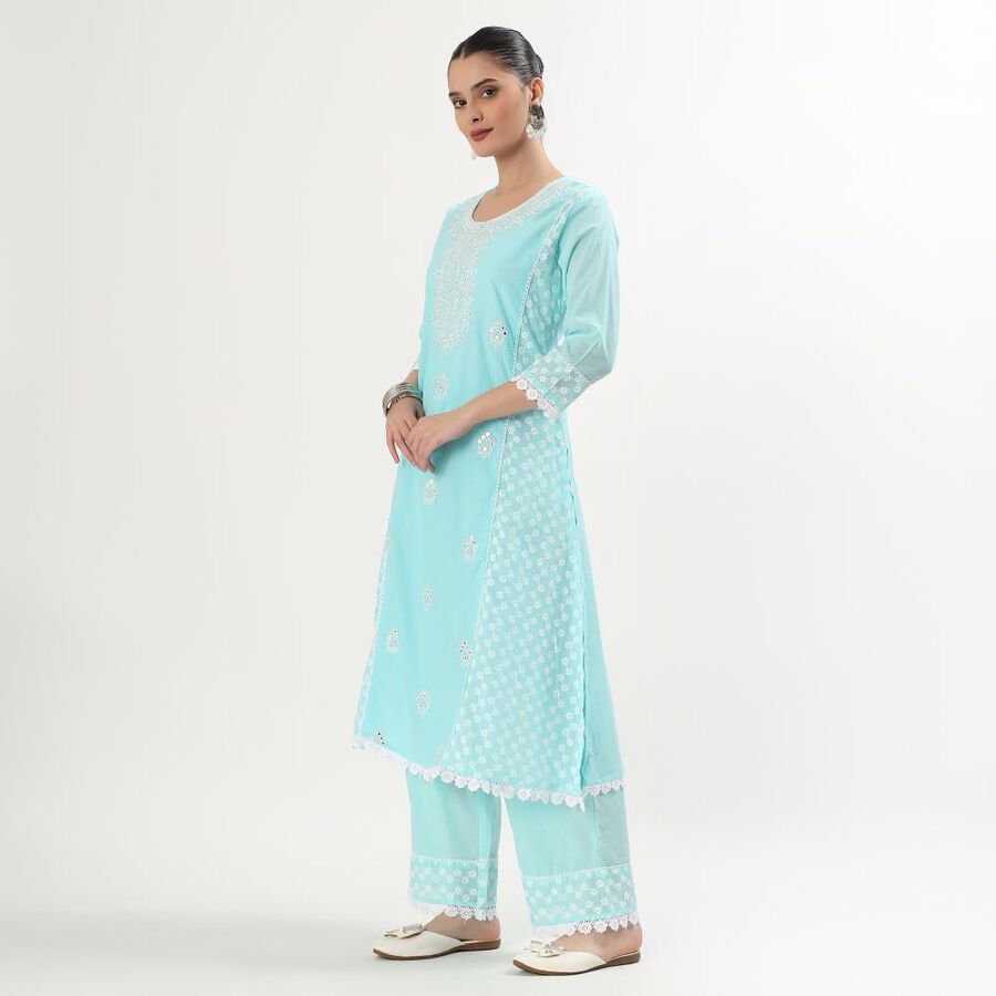 Women's Light Aqua Blue Cotton Embroidered Ethnic Set, Light Blue, large image number null