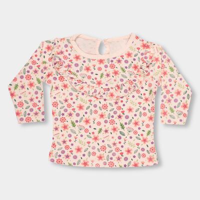 Infants' Light Pink Cotton Round Neck Casual Full Sleeve T-Shirt