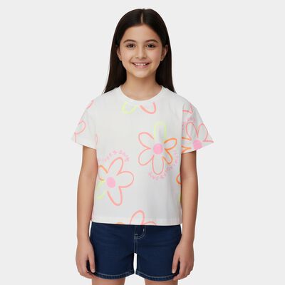 Girls White Cotton Round Neck Casual T-Shirt
