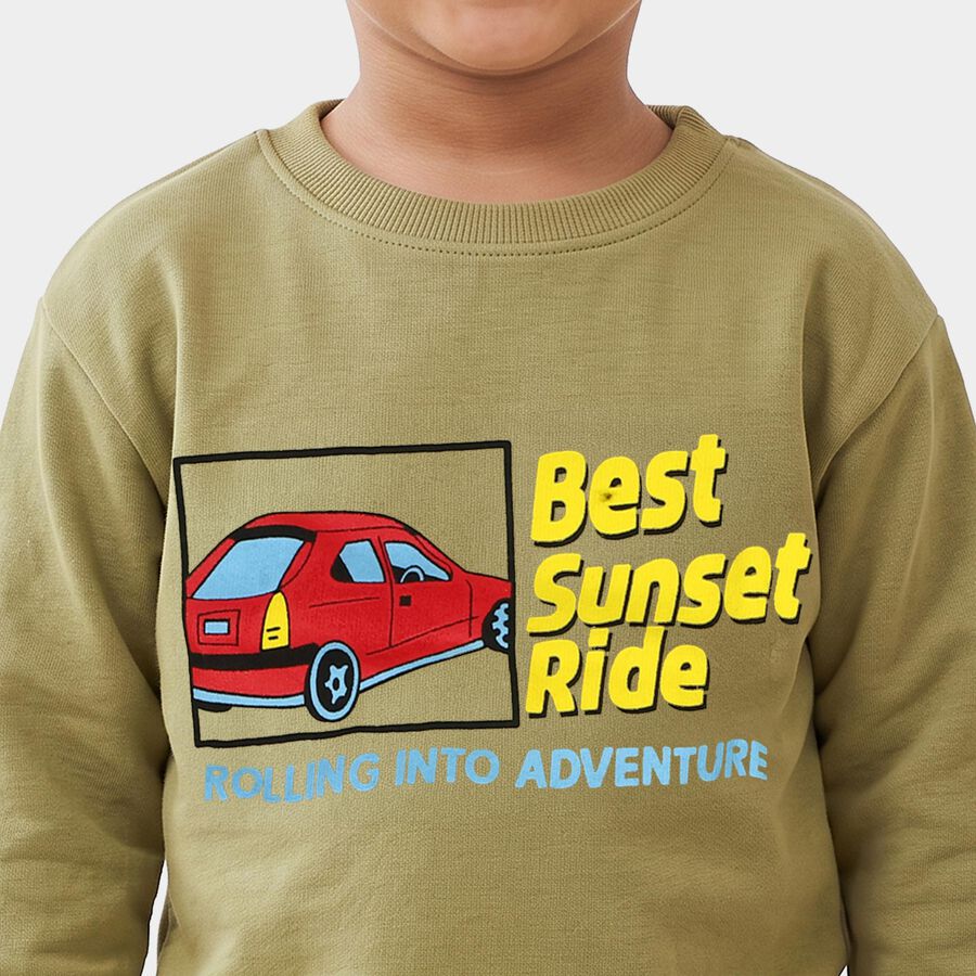 Boys' Olive Green Crew Neck Graphic Print Sweatshirt, ओलिव, large