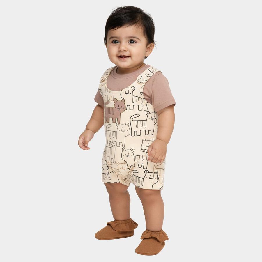 Infants' Beige Cotton Round Neck Cartoon Print Baba Suit, Beige, large