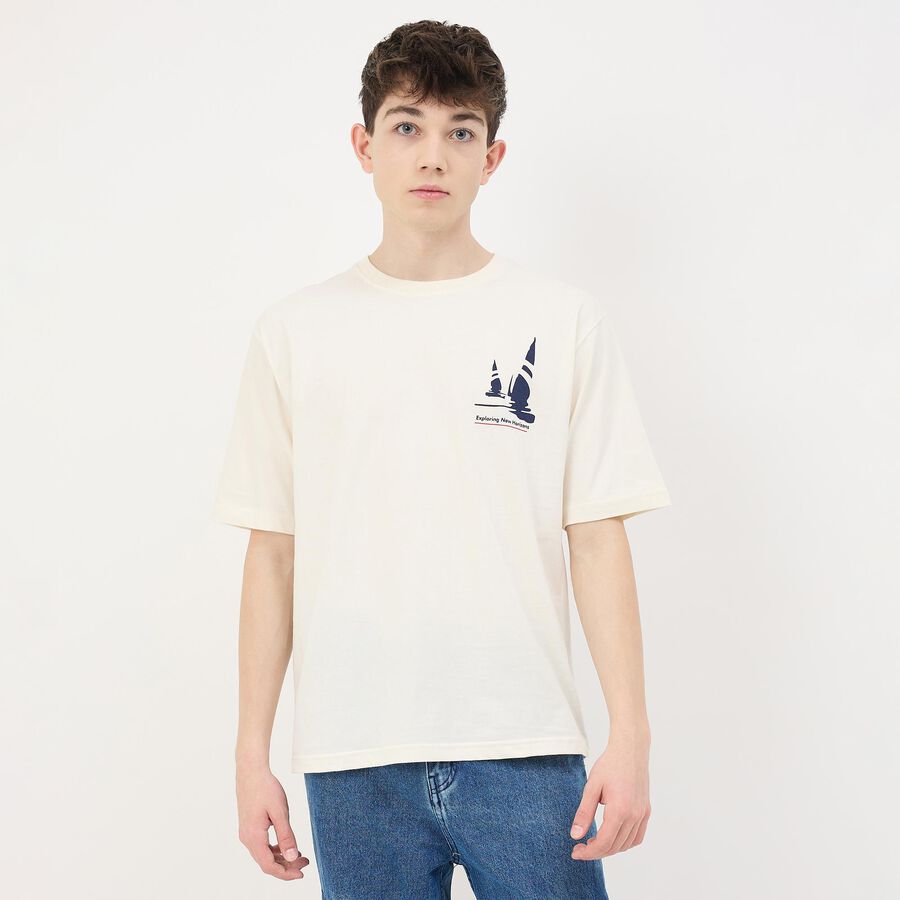 Men's Off White Cotton Round Neck Casual T-Shirt, Off White, large