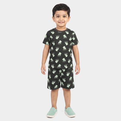 Boys' Charcoal 100% Cotton Round Neck Dinosaur Printed Baba Suit