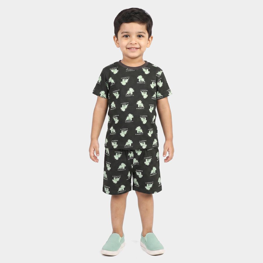 Boys' Charcoal 100% Cotton Round Neck Dinosaur Printed Baba Suit, Charcoal, large