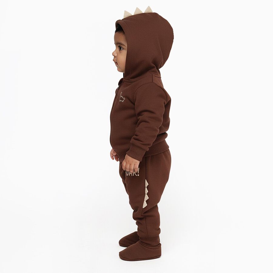 Infants' Brown Cotton Blend Hooded Dinosaur Baba Suit, Brown, large image number null
