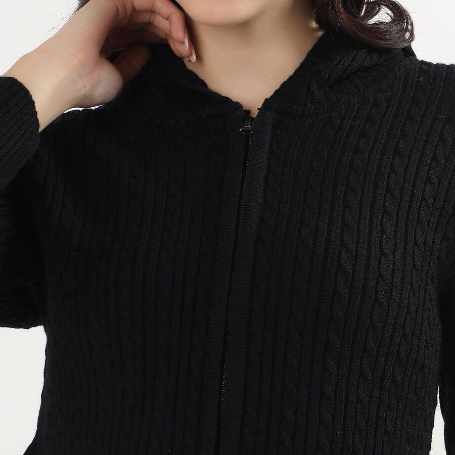 Women's Jet Black Hooded Casual Cardigan, Black, large