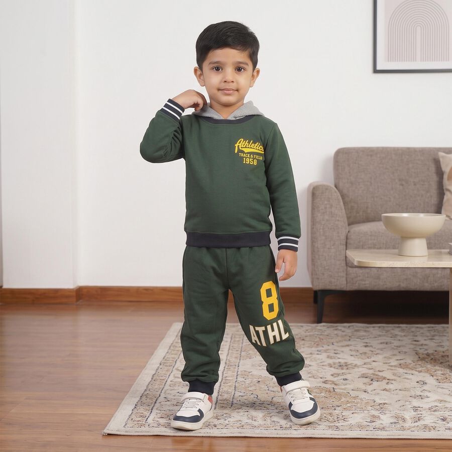 Boys Junior Green Hooded Graphic Print Baba Suit, Dark Green, large