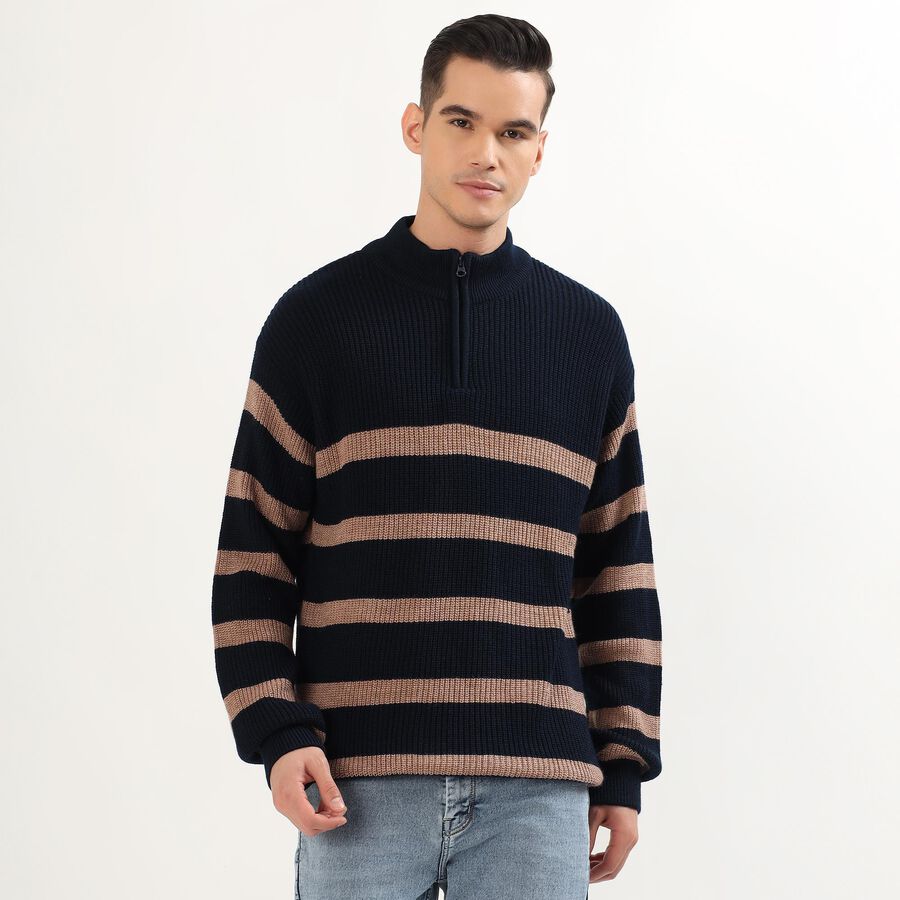 Men's Deep Midnight Navy Blue Half-Zip Casual Pullover, नेवी ब्लू, large image number null