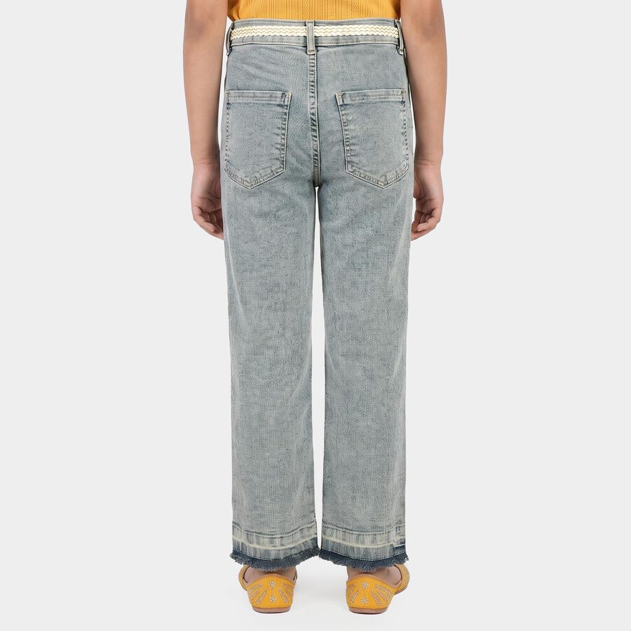 Girls' Light Blue Straight Fit Embroidered Jeans, मध्यम नीला, large