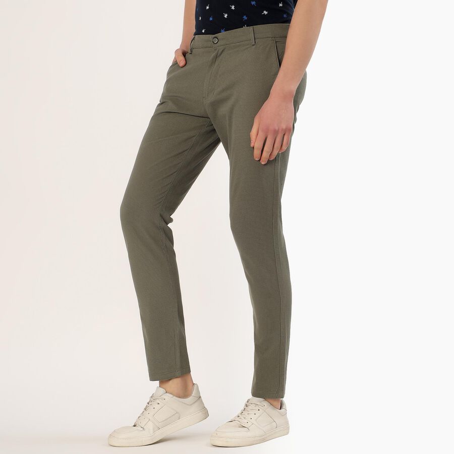 Men's Muted Olive Green Slim Fit Flat-Front Casual Trousers, Light Green, large