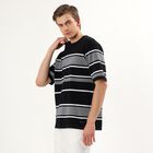 Men's Black Round Neck Casual Striped T-Shirt, Black, small