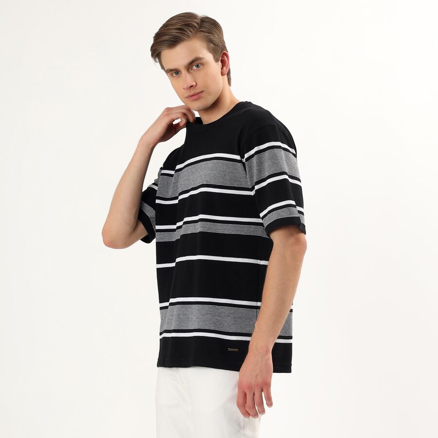 Men's Black Round Neck Casual Striped T-Shirt, Black, large