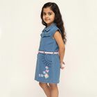 Girls' Light Denim Blue Sleeveless Ruffle Floral Embroidered Frock, Mid Blue, small image number null