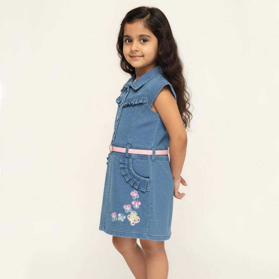 Girls' Light Denim Blue Sleeveless Ruffle Floral Embroidered Frock, Mid Blue, large image number null