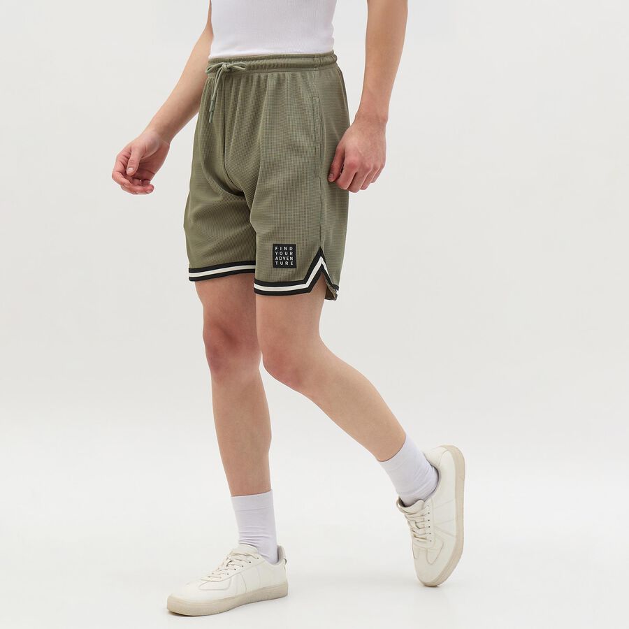 Men's Muted Olive Green Textured Elastic Waist Bermuda Shorts, Light Green, large