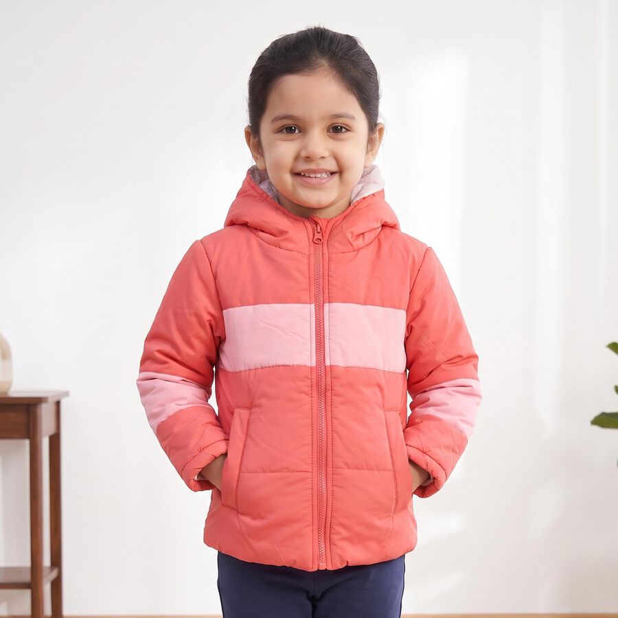 Girls' Coral Hooded Puffer Jacket, Coral, large