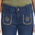 Girls' Navy Blue Straight Fit Embroidered Jeans, गहरा नीला, small