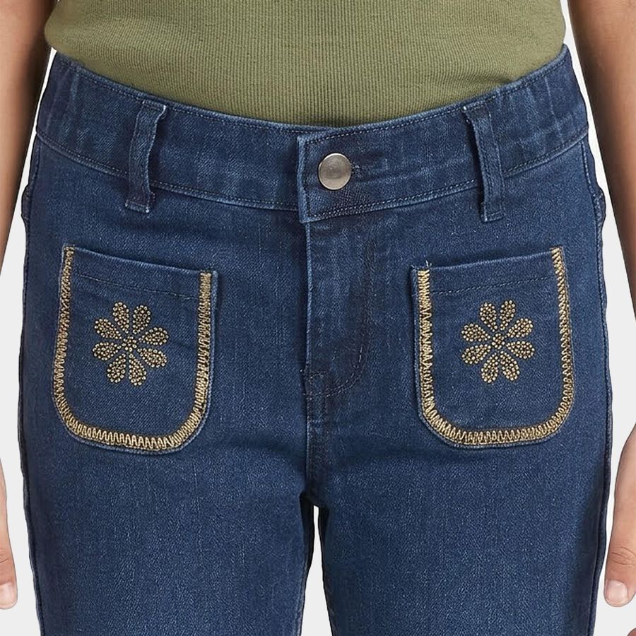 Girls' Navy Blue Straight Fit Embroidered Jeans, गहरा नीला, large