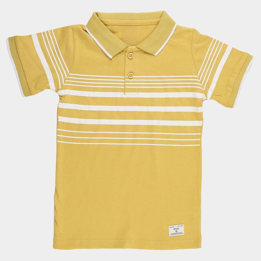 Boys' Mustard Cotton Polo Neck Striped T-Shirt, Mustard, large