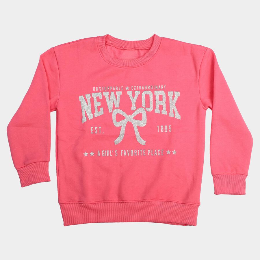 Girls' Pink Round Neck Graphic Pullover Sweatshirt, Pink, large