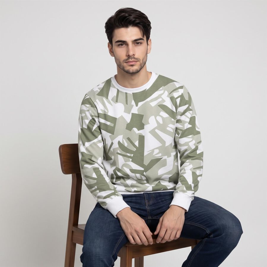 Men's Olive Green Crew Neck Printed Sweatshirt, Light Green, large