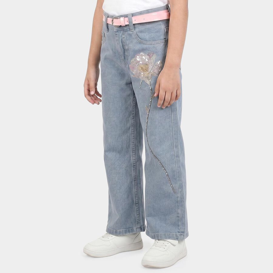 Girls' Light Blue Wide Leg Embroidered Jeans, हल्का नीला, large