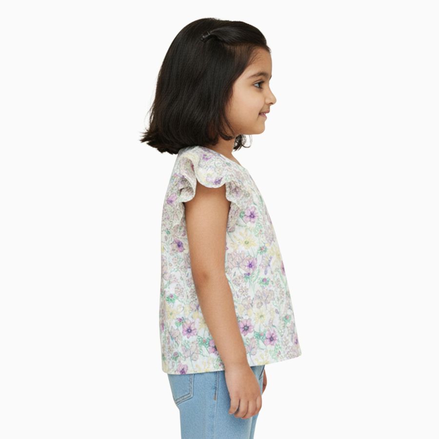 Girls' Off White Round Neck Casual Floral Printed T-Shirt, Off White, large image number null