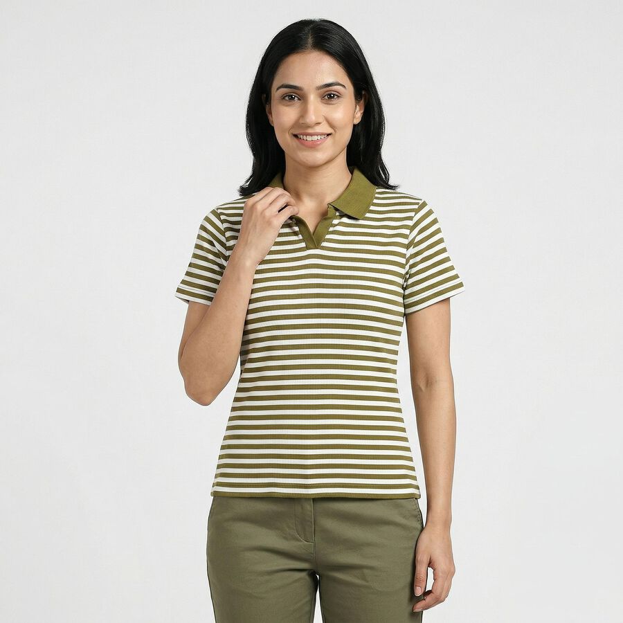 Women Olive Green Polo Neck Preppy Polo T-Shirt, Olive, large