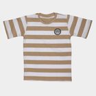 Boys' Beige Round Neck Striped Casual T-Shirt, गहरा पीला, small