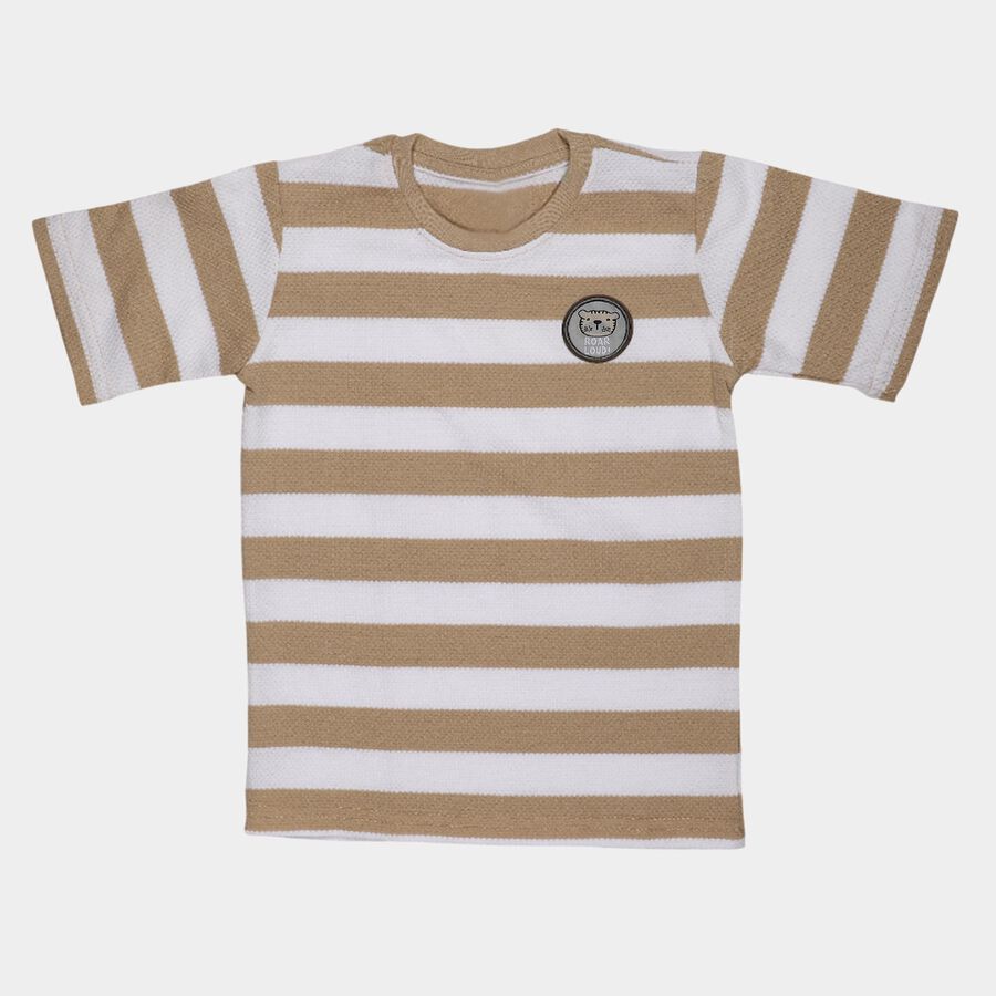 Boys' Beige Round Neck Striped Casual T-Shirt, गहरा पीला, large