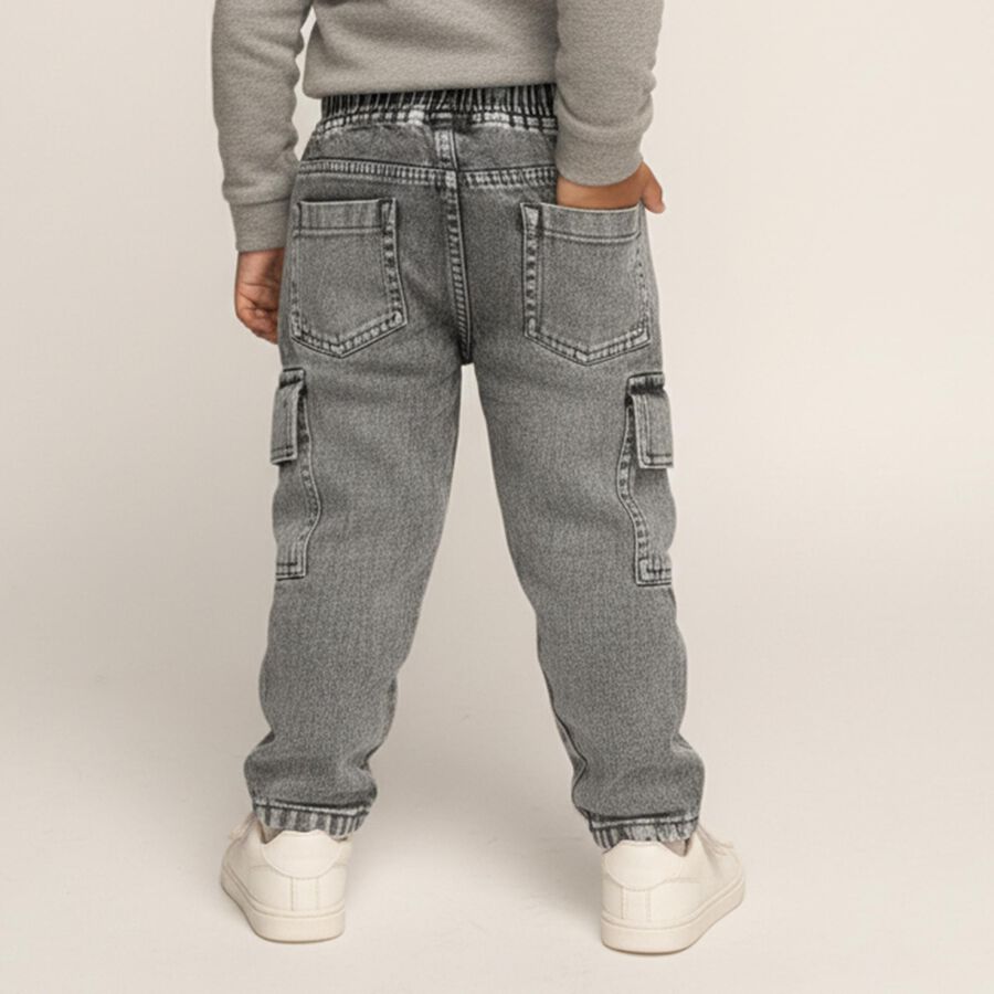Boys Washed Grey Cargo Fit Elastic Waist Jeans, हल्का ग्रे, large image number null