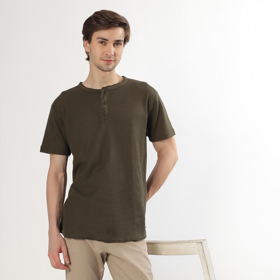 Men's Olive Henley Neck Casual T-Shirt, ओलिव, large image number null