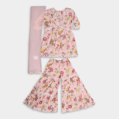 Girls' Light Pink Cotton V-Neck Three fourth Sleeve Floral Top and Palazzo Fusion Set