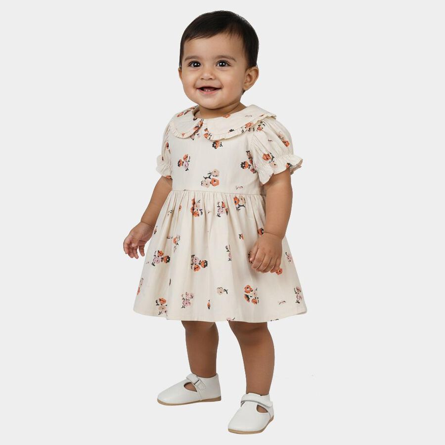 Girls' Cream Floral Print Puff Sleeve Frock, White, large