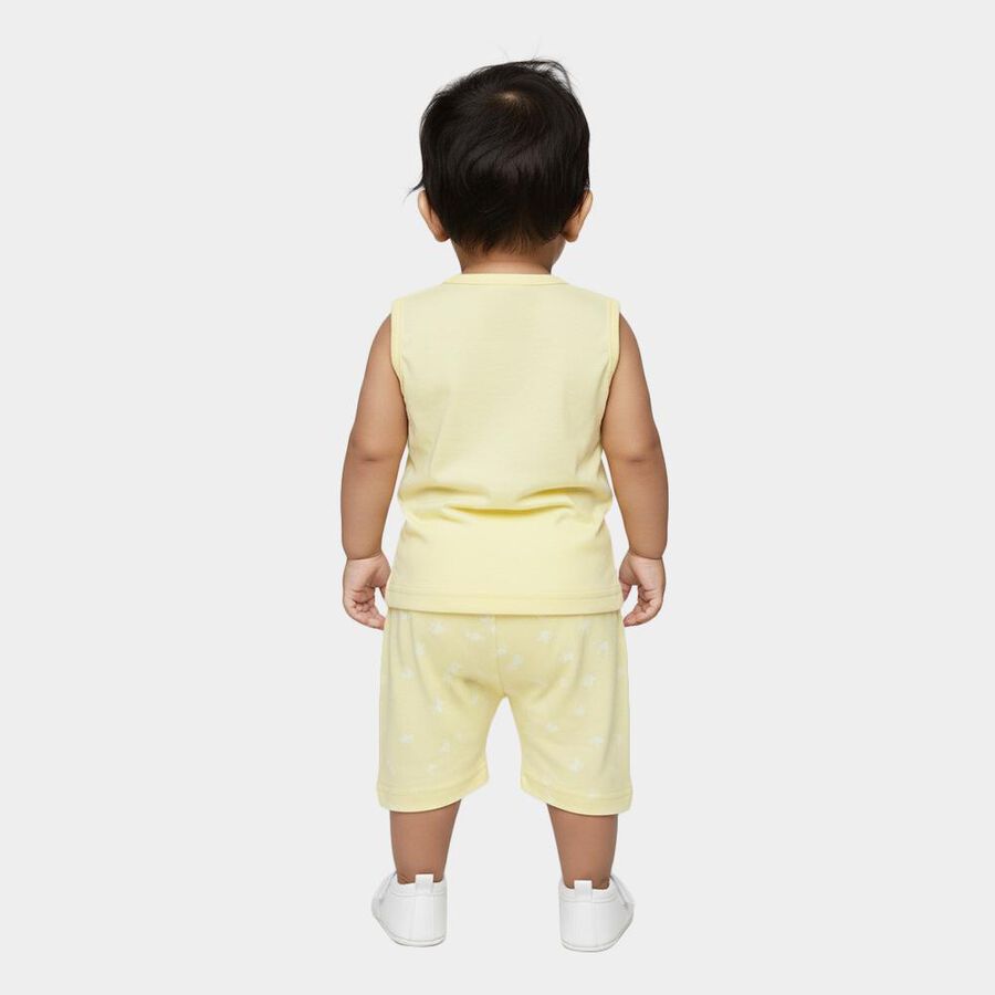 Infants Yellow Cotton Sleeveless Casual Shorts Set, Yellow, large