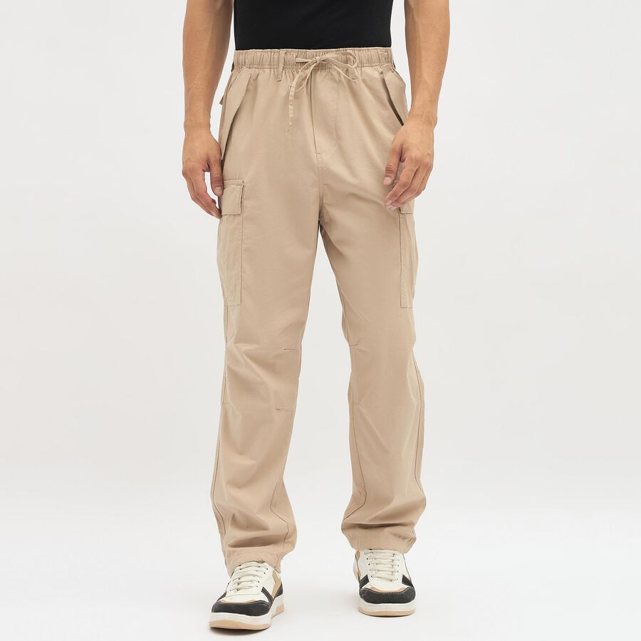 Men's Muted Beige Slim Fit Cargo Trousers, Beige, large image number null
