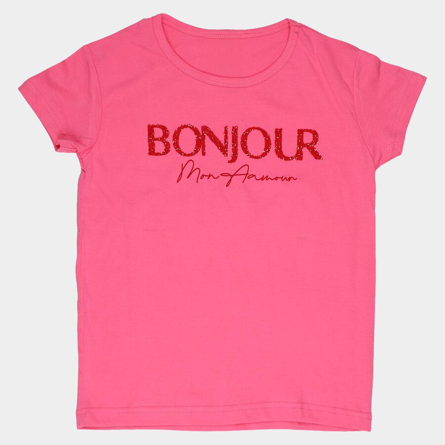 Girls Pink Cotton Round Neck Casual T-Shirt, Pink, large