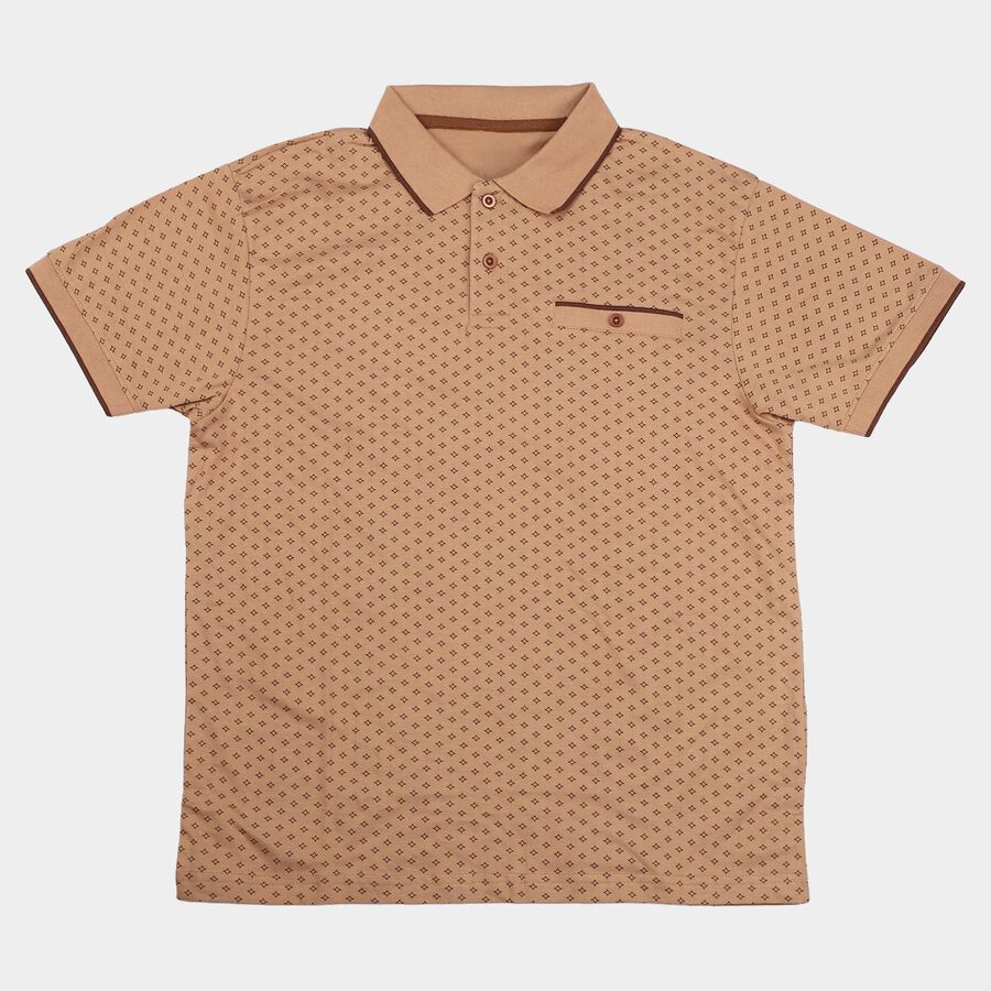 Men Brown Cotton Polo Neck Printed T-Shirt, भूरा, large
