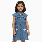 Girls' Light Denim Blue Button-Down Sleeveless Frock, Light Blue, small