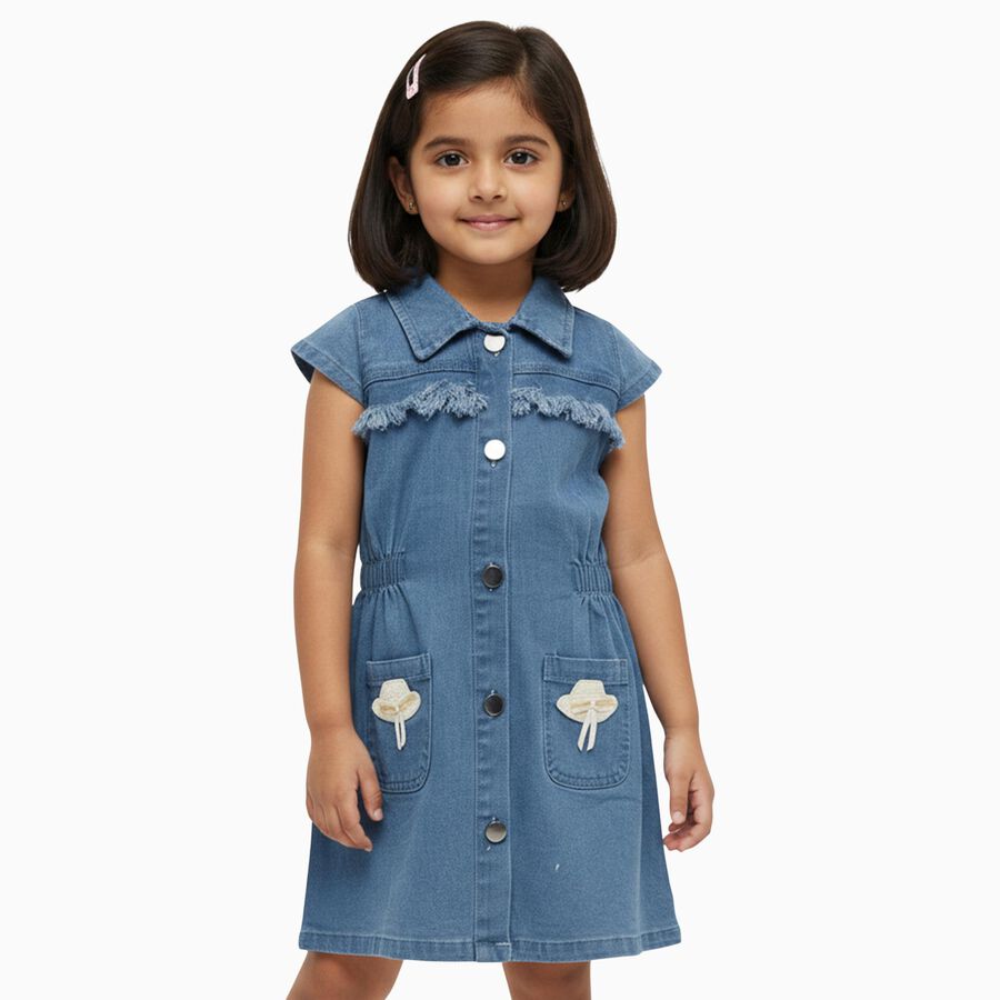 Girls' Light Denim Blue Button-Down Sleeveless Frock, Light Blue, large