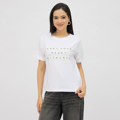 Women's White Cotton Round Neck Printed T-Shirt